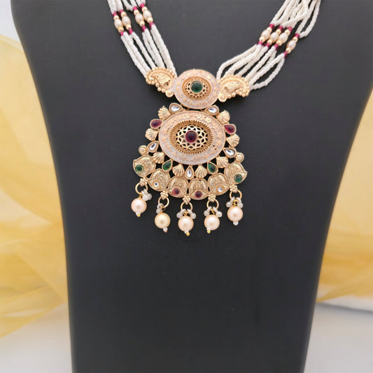Traditional Multistrand White Beaded Necklace Set with Antique Gold-Tone Pendant & Matching Earrings for Women
