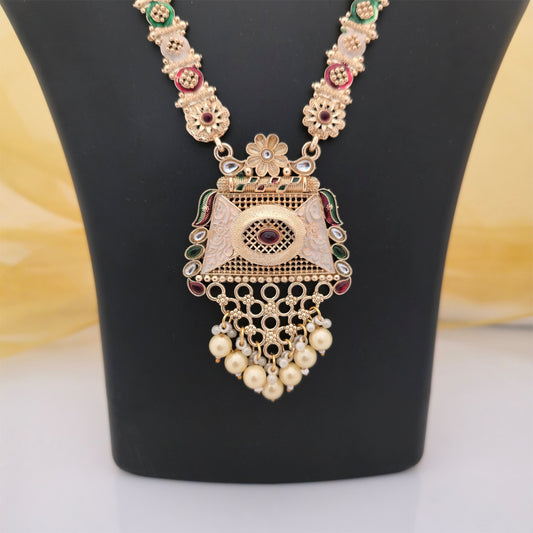 Traditional Antique Gold-Tone Long Necklace Set with Geometric Pendant, Multicolour Stones, Earrings & Maang Tikka for Women