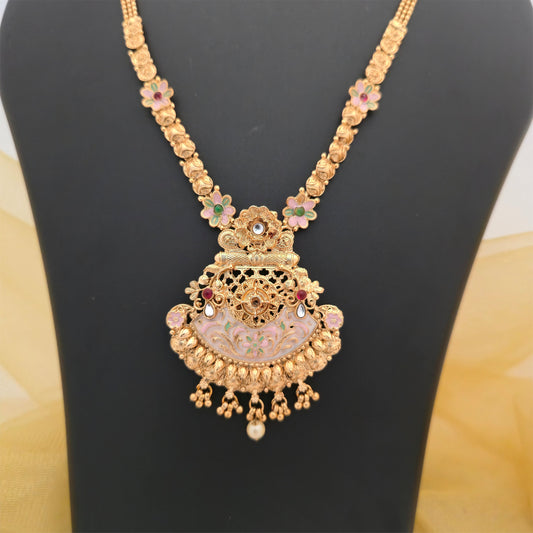 Gold Plated Rajwadi Polish Necklace Set with Pink Floral Pendant and Matching Earrings for Women
