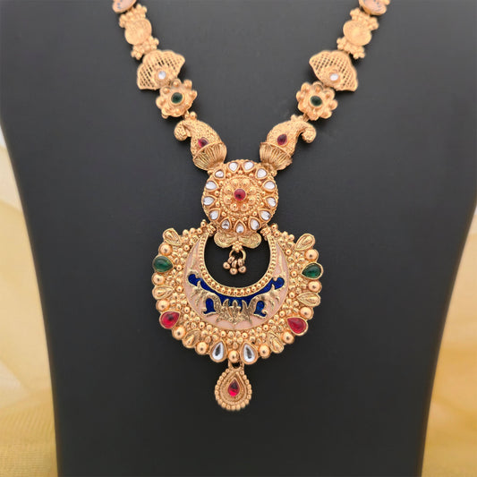 Gold Plated Rajwadi Polish Necklace Set with Multicolour Pendant and Matching Earrings