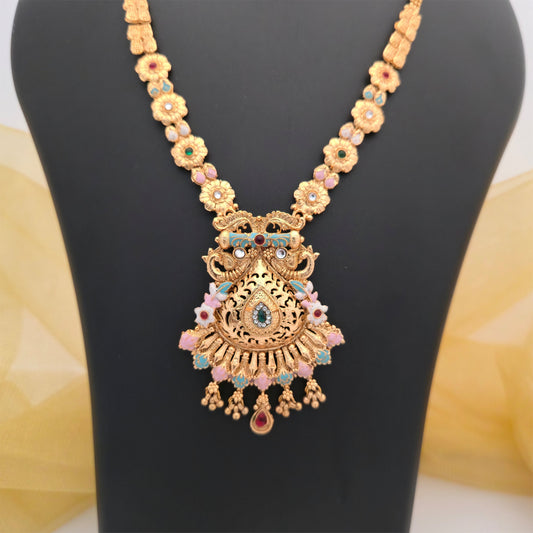Gold Plated Rajwadi Polish Floral Pendant Necklace Set with Multicolour Stone Accents and Matching Earrings for Women