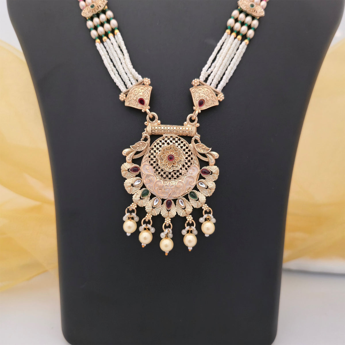 Traditional Pearl Beaded Long Necklace Set with Antique Gold-Tone Pendant and Matching Earrings | Ethnic Jewellery for Women