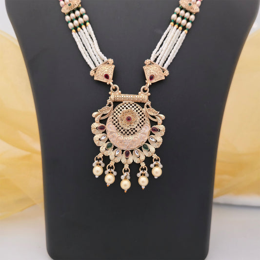 Traditional Pearl Beaded Long Necklace Set with Antique Gold-Tone Pendant and Matching Earrings | Ethnic Jewellery for Women
