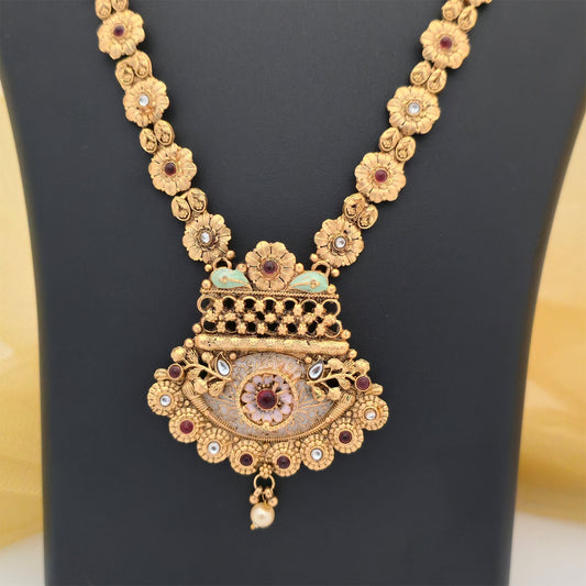 Gold Plated Rajwadi Polish Floral Long Necklace Set with Antique Pendant and Matching Earrings for Women
