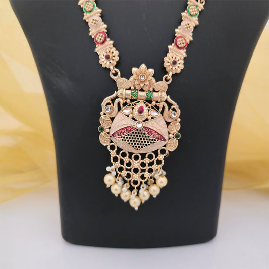 Traditional Antique Gold-Tone Long Necklace Set with Multicolour Stones, Statement Pendant & Matching Earrings for Women