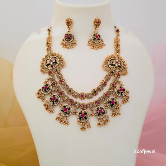 Antique Gold Plated Green and Pink Kundan Bridal Necklace Set with Earrings for Women