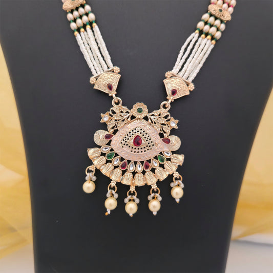 White Beaded Traditional Gold-Tone Necklace Set with Pendant & Earrings for Women