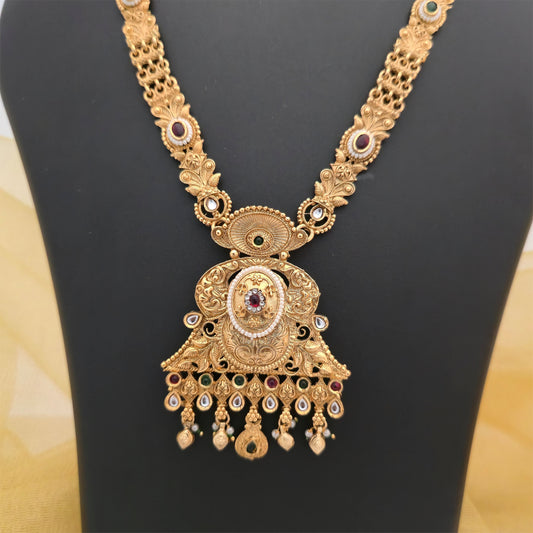 Gold Plated Rajwadi Polish Traditional Long Necklace Set with Antique Pendant and Matching Earrings for Women