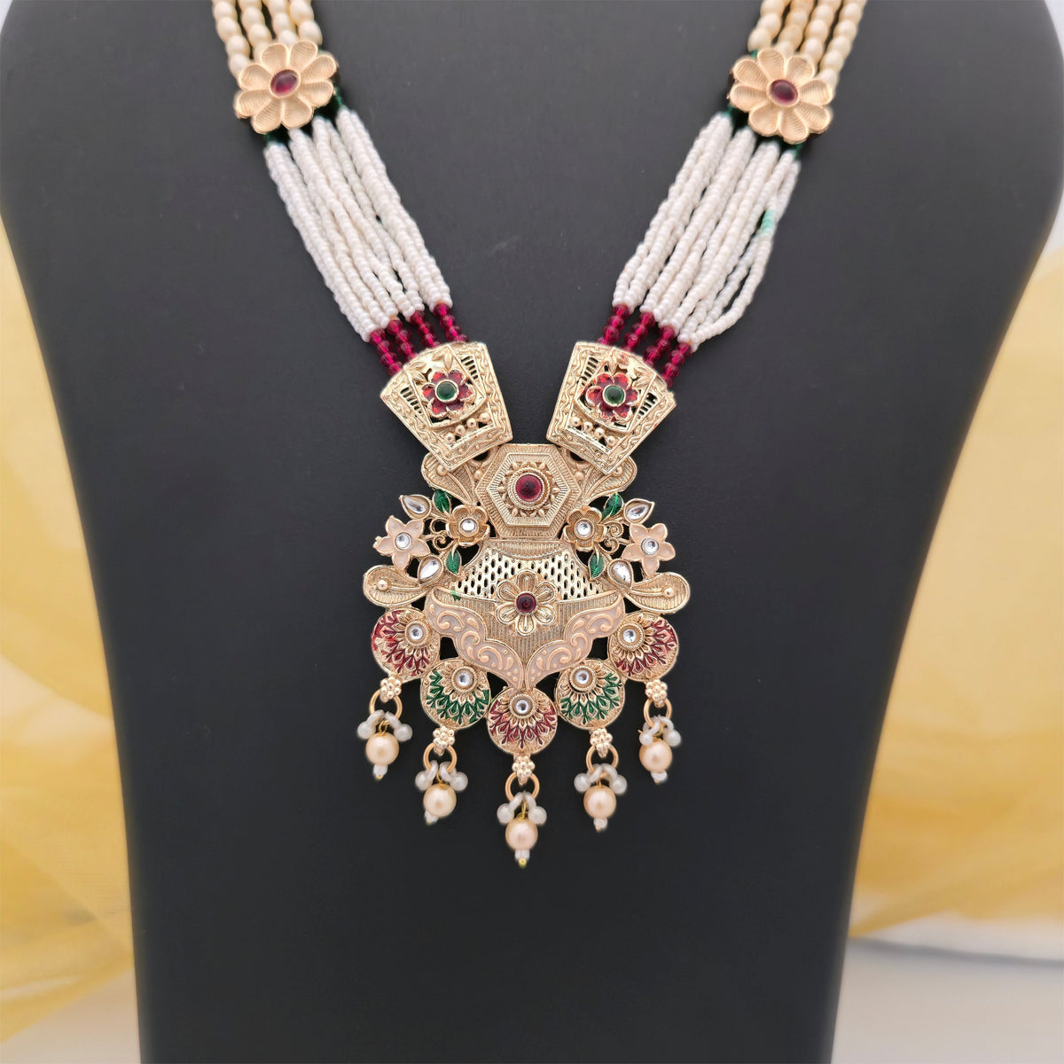 Traditional Multistrand Beaded Necklace Set with Antique Gold-Tone Pendant & Matching Earrings for Women