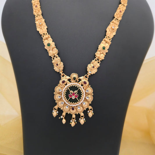 Gold Plated Rajwadi Polish Traditional Long Necklace Set with Designer Pendant and Matching Earrings for Women