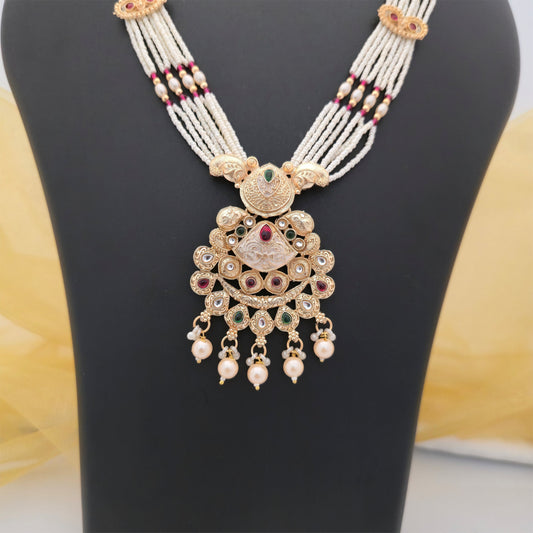 Traditional Gold Tone Multi-Strand White Bead Necklace Set with Pearl Drops and Matching Earrings | Ethnic Artificial Jewellery for Women