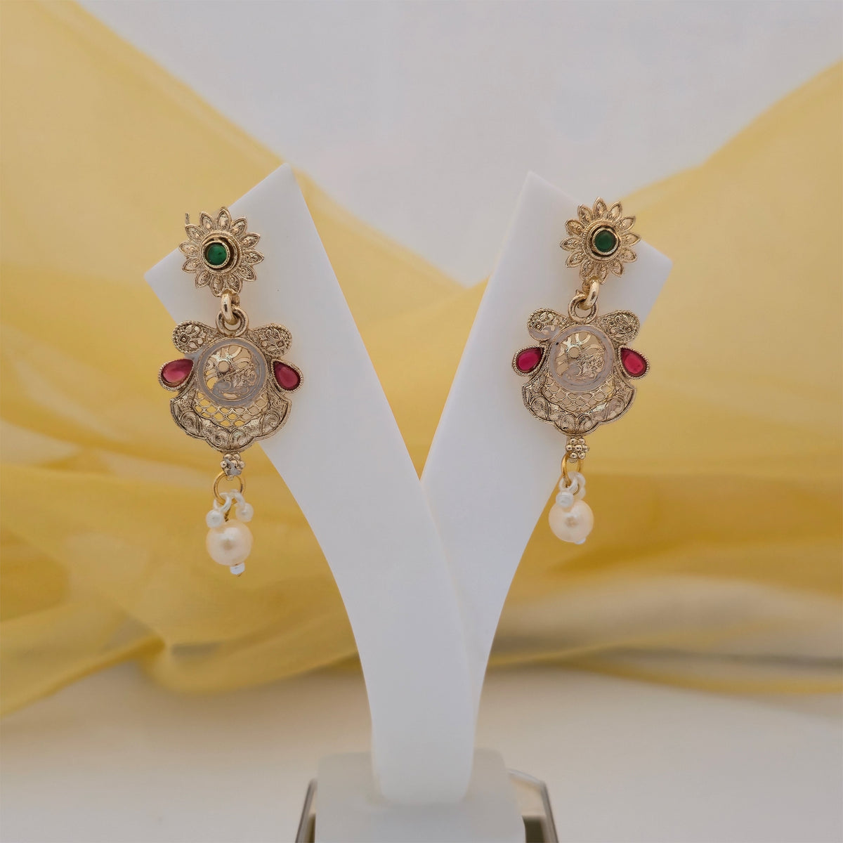 Traditional Pearl Beaded Long Necklace Set with Antique Gold-Tone Pendant and Matching Earrings | Ethnic Jewellery for Women