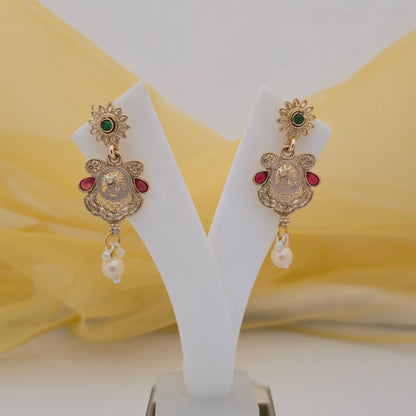 Traditional Pearl Beaded Long Necklace Set with Antique Gold-Tone Pendant and Matching Earrings | Ethnic Jewellery for Women