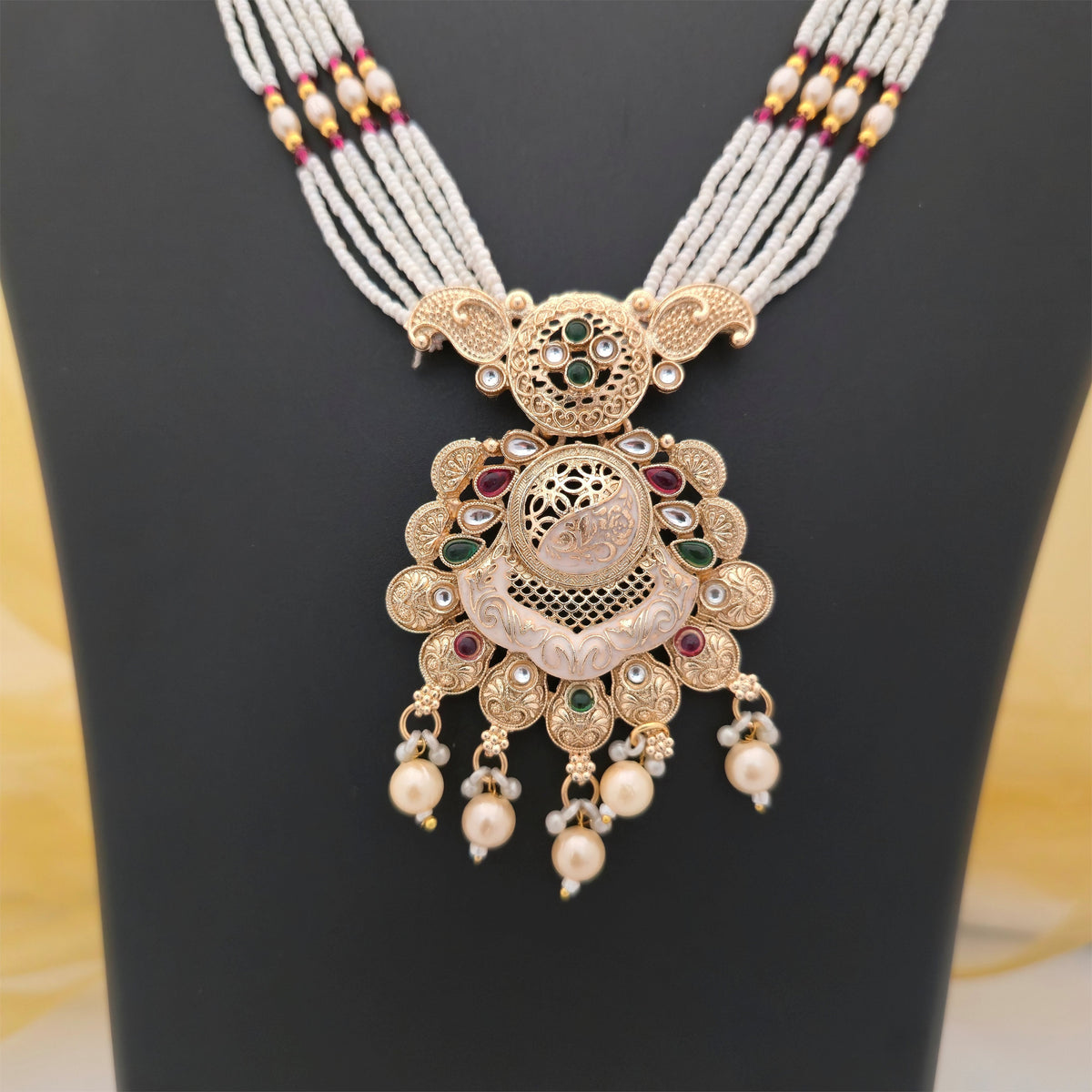 Traditional Pearl Beaded Long Necklace Set with Antique Gold-Tone Pendant and Matching Earrings | Ethnic Jewellery for Women