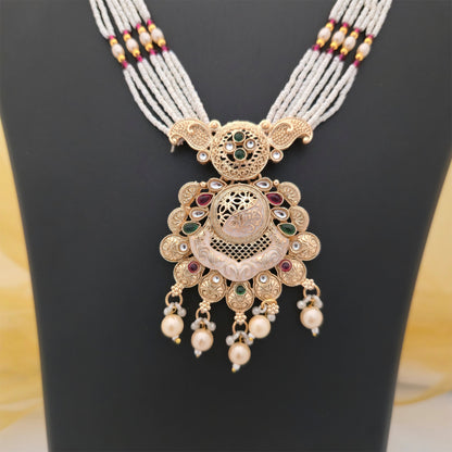 Traditional Pearl Beaded Long Necklace Set with Antique Gold-Tone Pendant and Matching Earrings | Ethnic Jewellery for Women