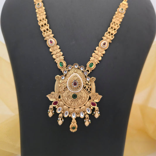 Gold Plated Rajwadi Polish Traditional Long Necklace Set with Ornate Pendant and Matching Earrings for Women