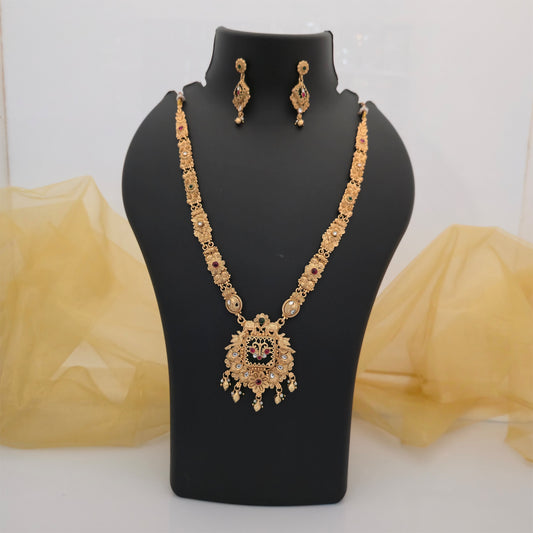 Gold Plated Rajwadi Polish Traditional Necklace Set with Elephant Pendant Design for Women