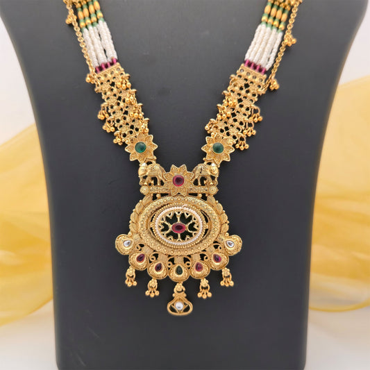 Gold Plated Rajwadi Polish Long Beaded Necklace Set with Antique Pendant and Matching Earrings for Women