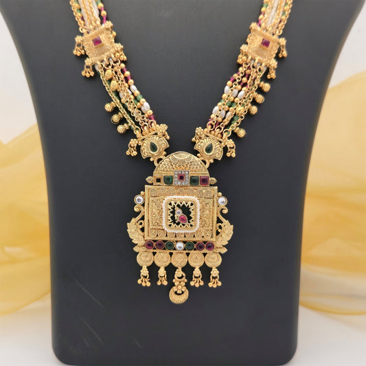 Gold Plated Rajwadi Polish Long Multistrand Necklace Set with Square Pendant and Matching Earrings for Women