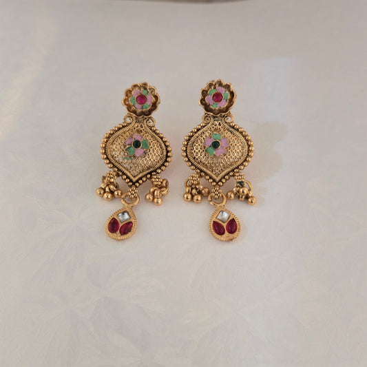 Gold Plated Rajwadi Polish Multicolour Floral Pendant Necklace Set with Matching Earrings for Women