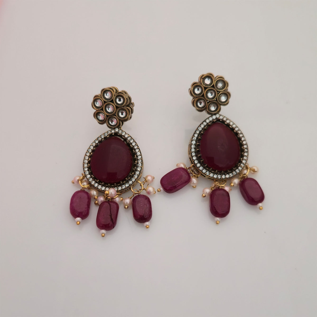 Moissanite Kundan Long Necklace Set with Matching Earrings | Maroon and White Pearl Designer Necklace for Women