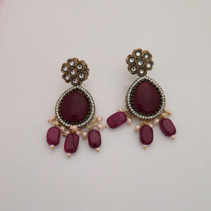 Moissanite Kundan Long Necklace Set with Matching Earrings | Maroon and White Pearl Designer Necklace for Women