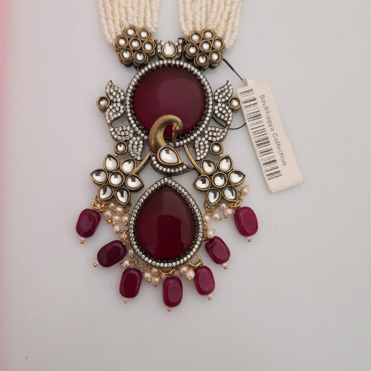 Moissanite Kundan Long Necklace Set with Matching Earrings | Maroon and White Pearl Designer Necklace for Women