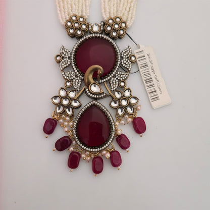 Moissanite Kundan Long Necklace Set with Matching Earrings | Maroon and White Pearl Designer Necklace for Women