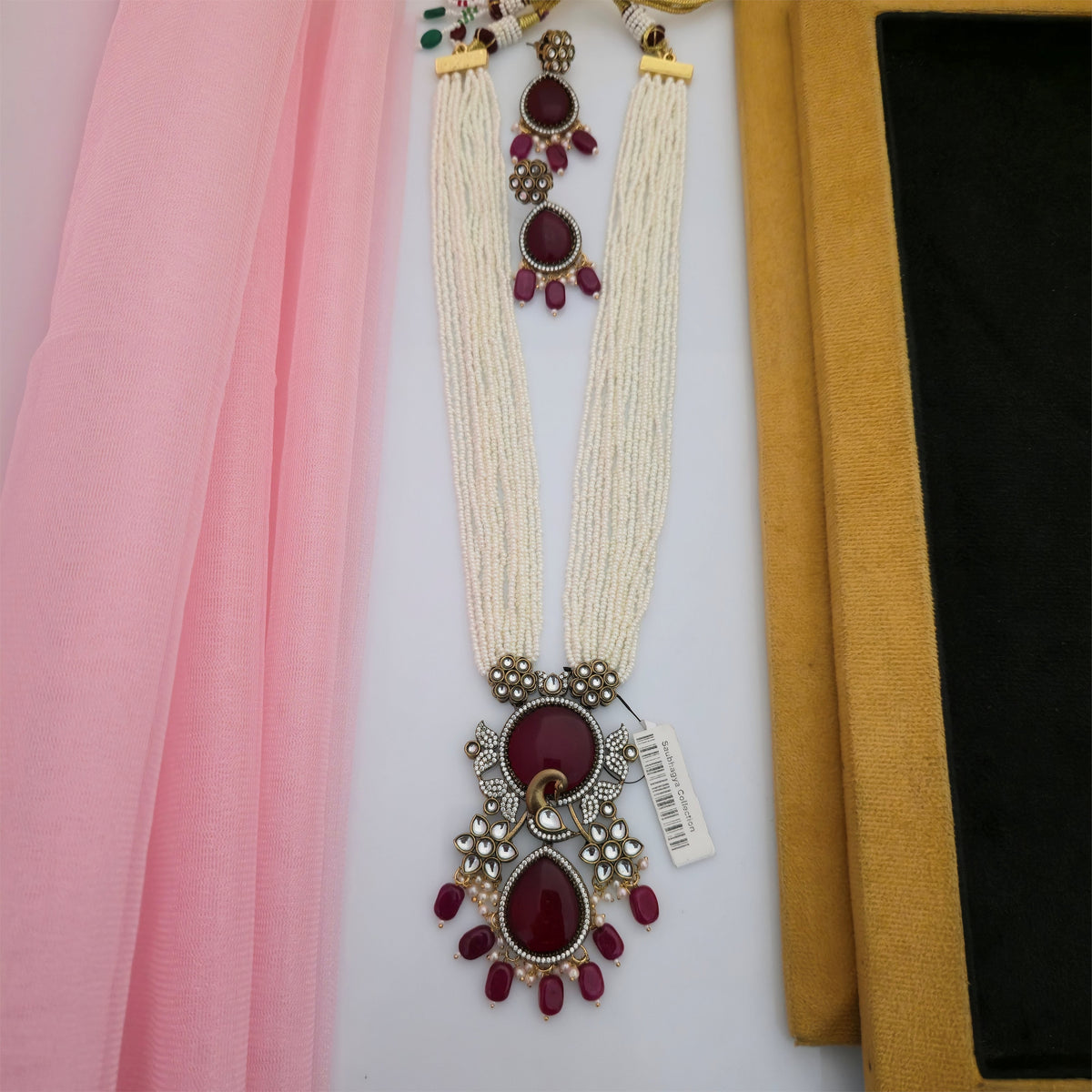 Moissanite Kundan Long Necklace Set with Matching Earrings | Maroon and White Pearl Designer Necklace for Women