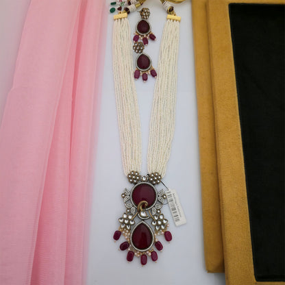 Moissanite Kundan Long Necklace Set with Matching Earrings | Maroon and White Pearl Designer Necklace for Women