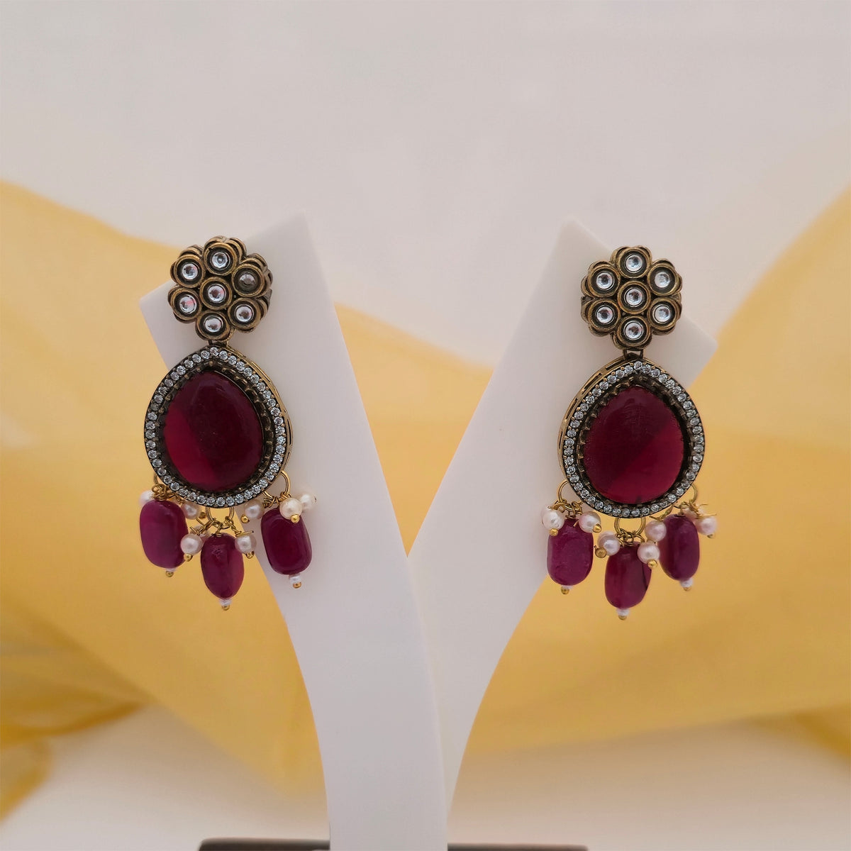 Moissanite Kundan Long Necklace Set with Matching Earrings | Maroon and White Pearl Designer Necklace for Women