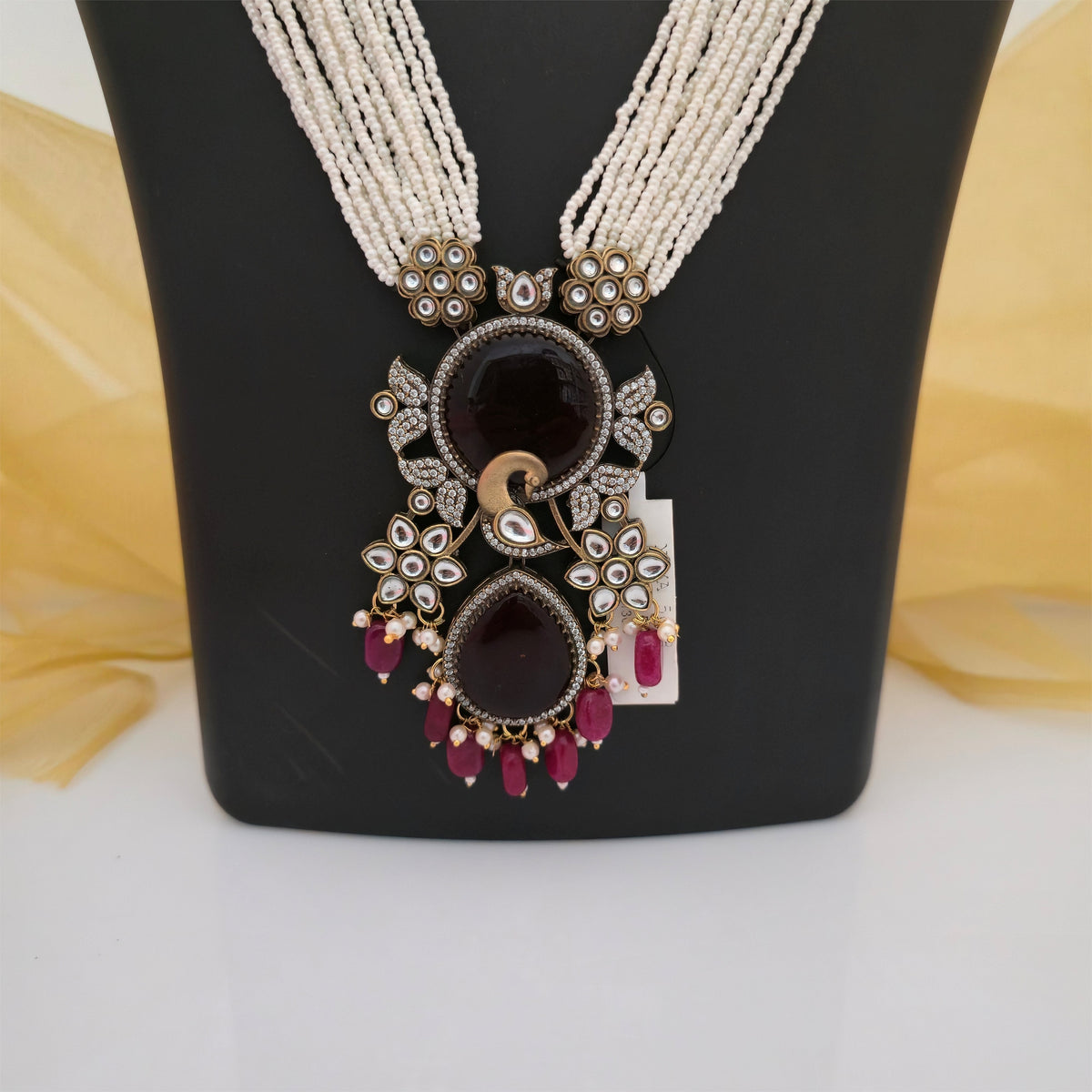 Moissanite Kundan Long Necklace Set with Matching Earrings | Maroon and White Pearl Designer Necklace for Women