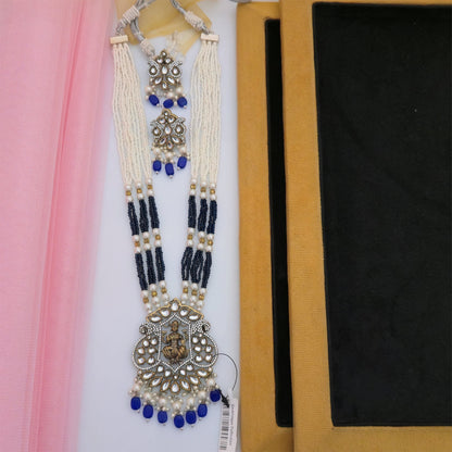 Blue and White Beaded Temple Necklace Set with Matching Earrings | Traditional Designer Jewellery for Women