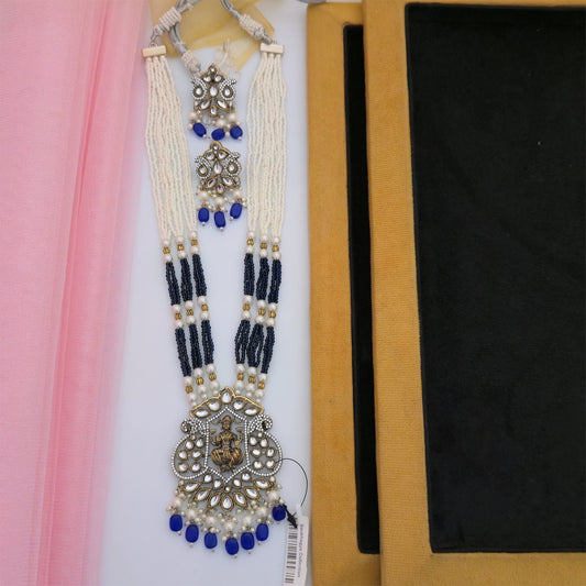 Blue and White Beaded Temple Necklace Set with Matching Earrings | Traditional Designer Jewellery for Women