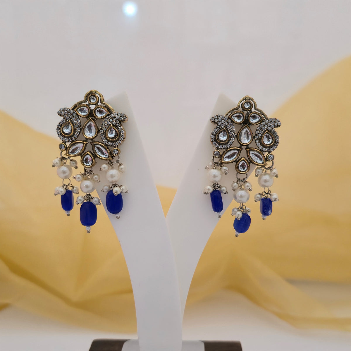 Blue and White Beaded Temple Necklace Set with Matching Earrings | Traditional Designer Jewellery for Women
