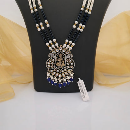 Blue and White Beaded Temple Necklace Set with Matching Earrings | Traditional Designer Jewellery for Women