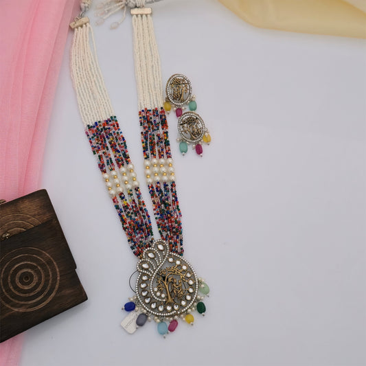 Multicolour Beaded Necklace Set with Temple Pendant and Matching Earrings | Traditional Designer Jewellery for Women