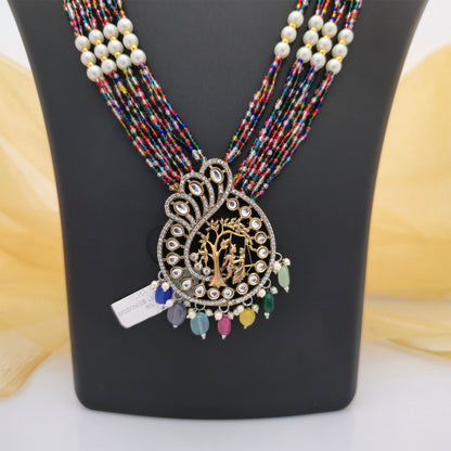 Multicolour Beaded Necklace Set with Temple Pendant and Matching Earrings | Traditional Designer Jewellery for Women