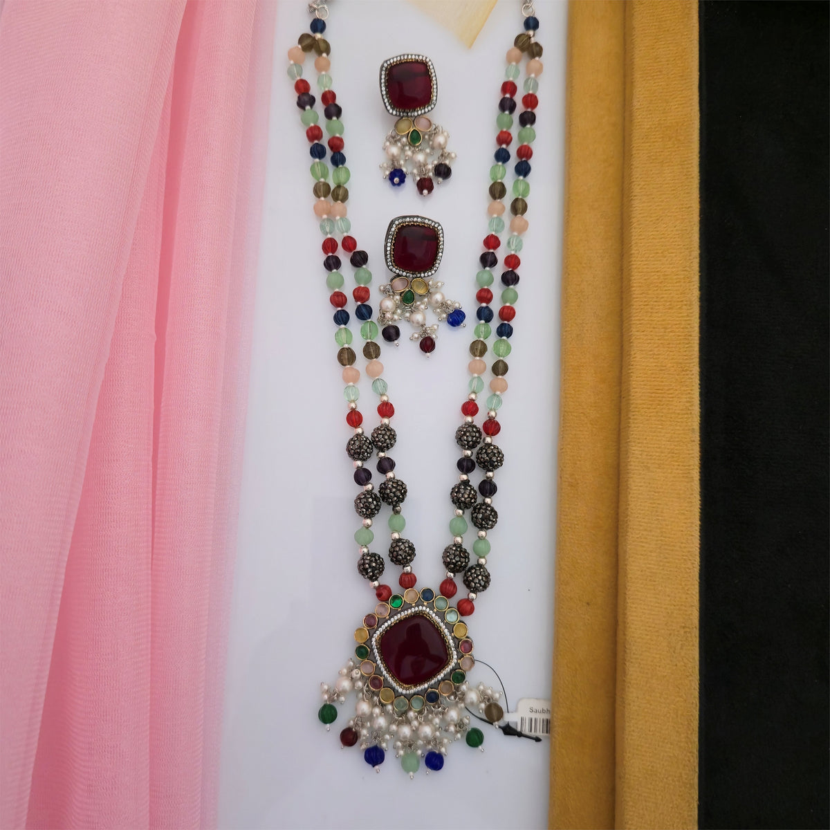 Real Stone Beaded Multicolor Necklace Set with Maroon Pendant | Designer Necklace for Women
