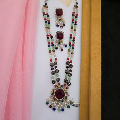 Real Stone Beaded Multicolor Necklace Set with Maroon Pendant | Designer Necklace for Women