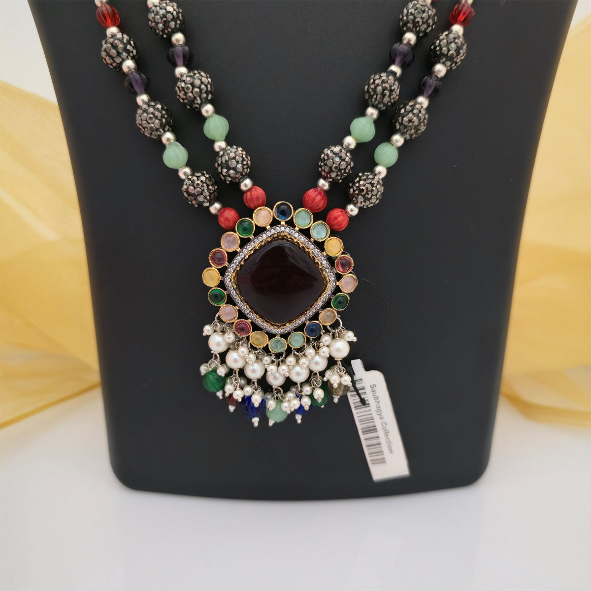 Real Stone Beaded Multicolor Necklace Set with Maroon Pendant | Designer Necklace for Women