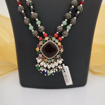 Real Stone Beaded Multicolor Necklace Set with Maroon Pendant | Designer Necklace for Women