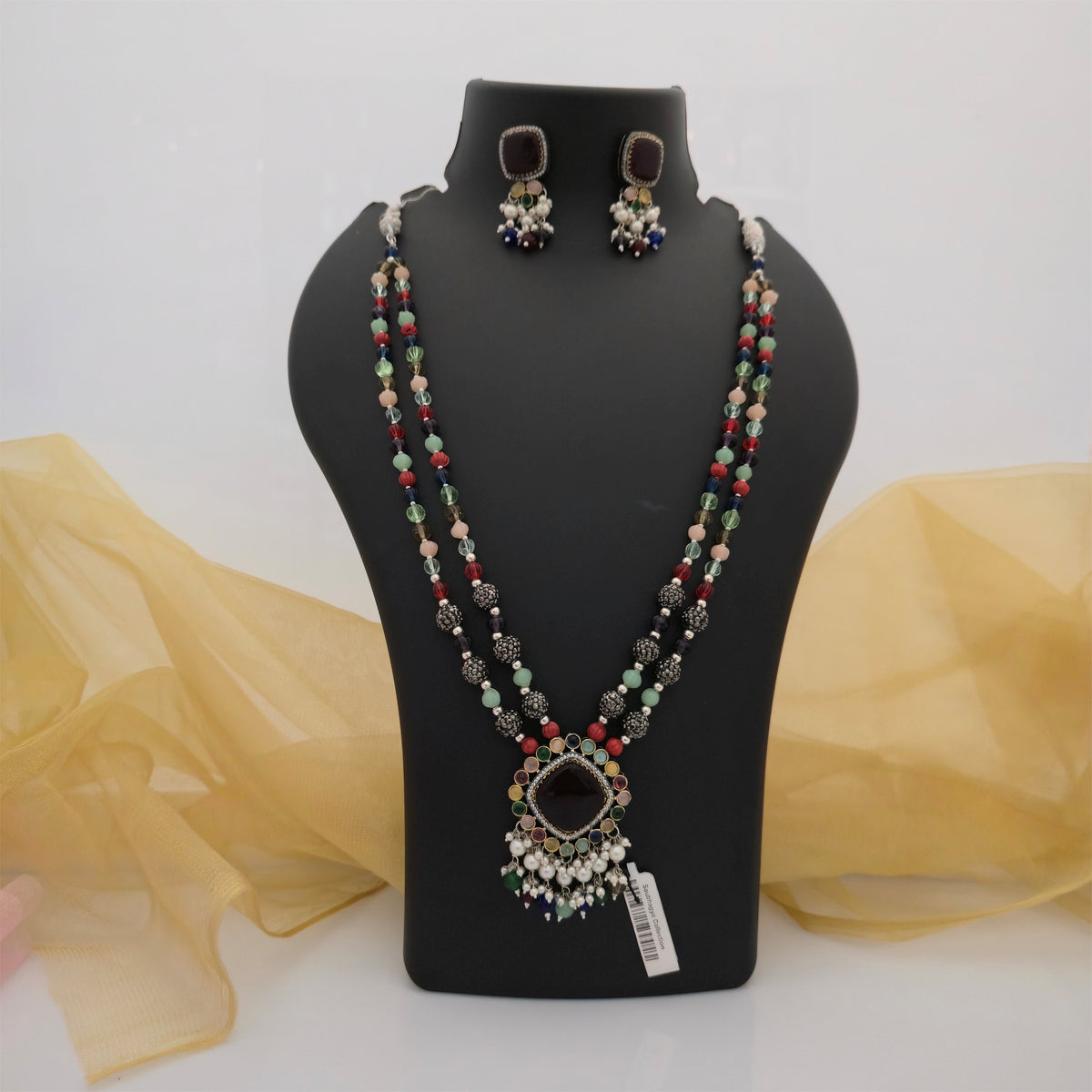 Real Stone Beaded Multicolor Necklace Set with Maroon Pendant | Designer Necklace for Women