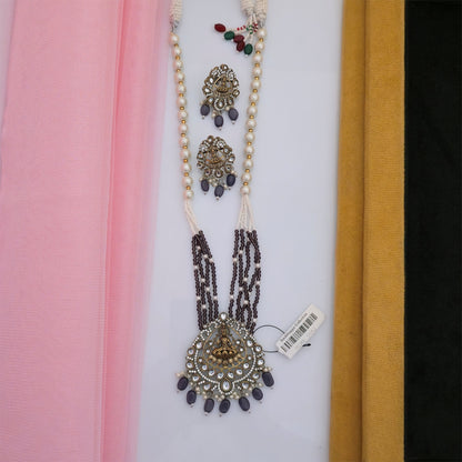 Moissanite Kundan Long Necklace Set with Matching Earrings | Green and White Pearl Designer Necklace for Women