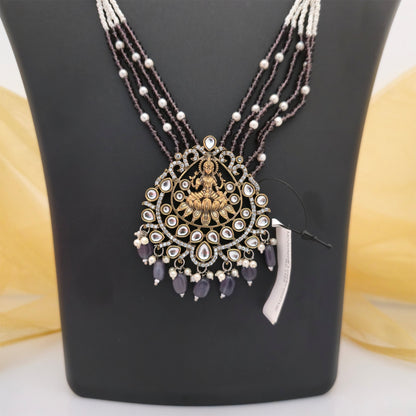 Moissanite Kundan Long Necklace Set with Matching Earrings | Green and White Pearl Designer Necklace for Women