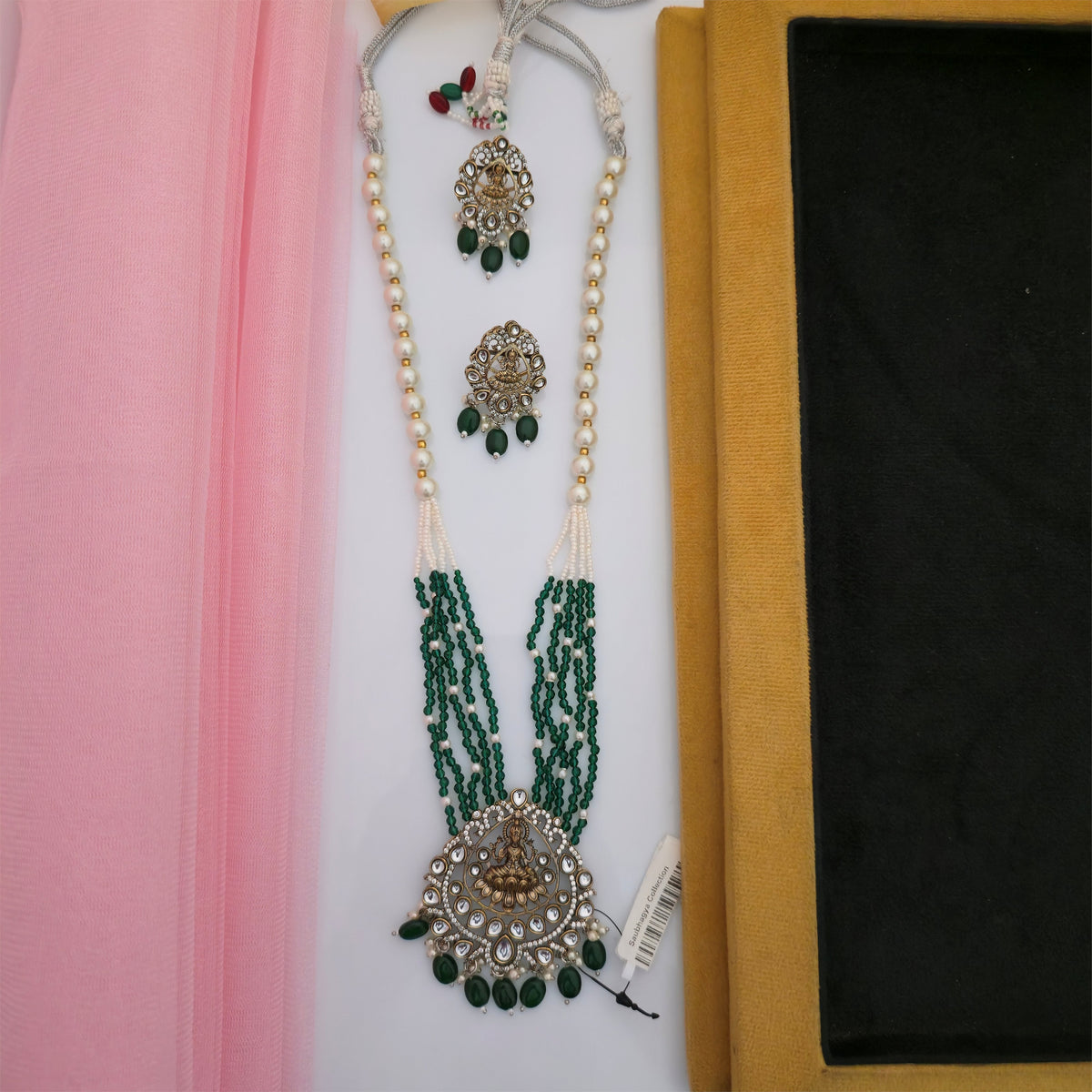 Moissanite Kundan Long Necklace Set with Matching Earrings | Green and White Pearl Designer Necklace for Women