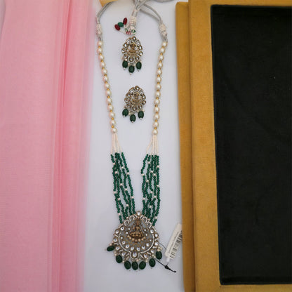Moissanite Kundan Long Necklace Set with Matching Earrings | Green and White Pearl Designer Necklace for Women