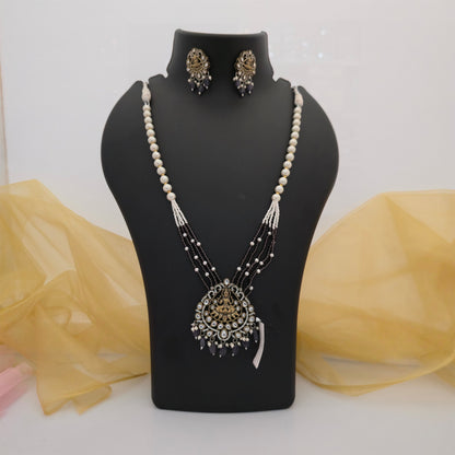 Moissanite Kundan Long Necklace Set with Matching Earrings | Green and White Pearl Designer Necklace for Women
