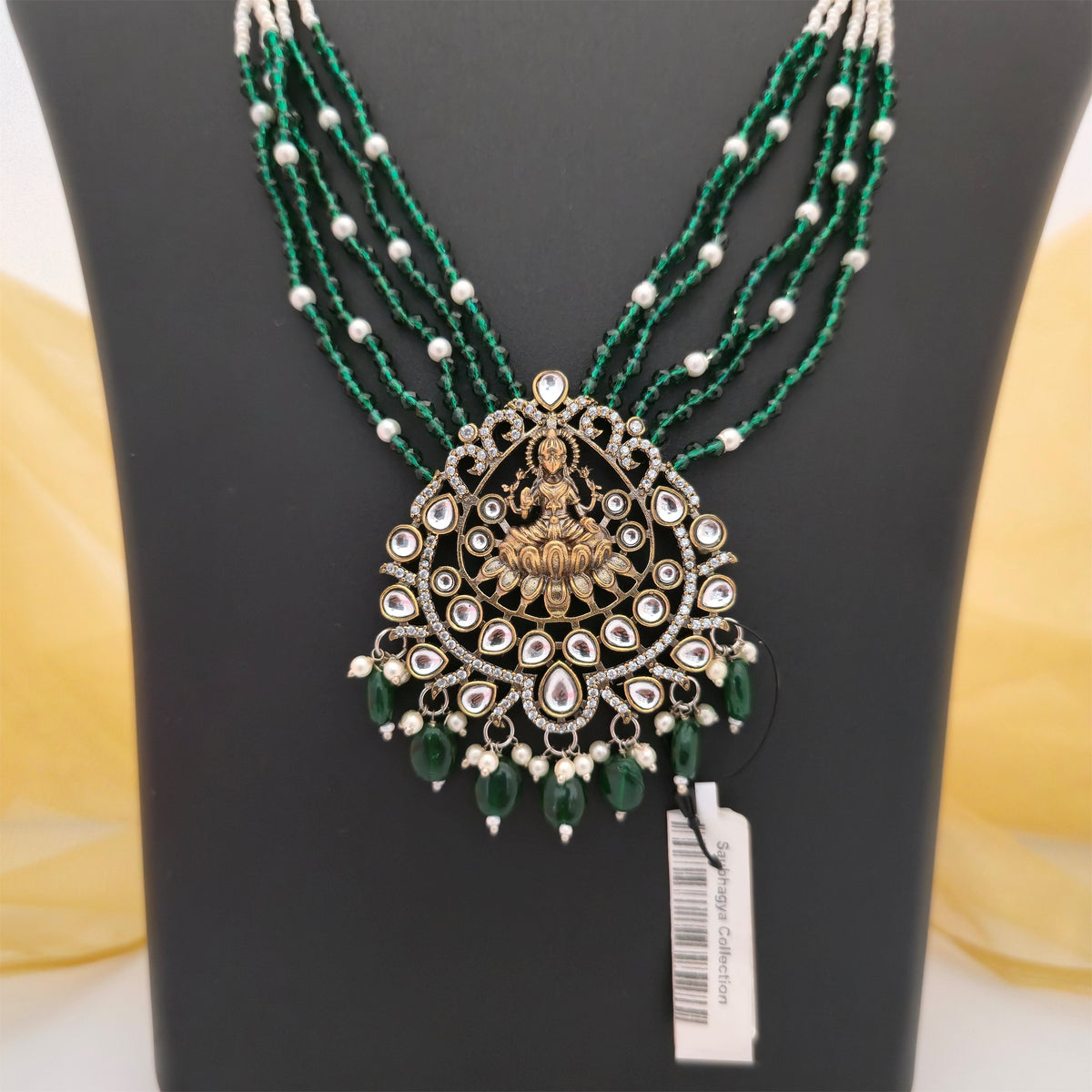 Moissanite Kundan Long Necklace Set with Matching Earrings | Green and White Pearl Designer Necklace for Women