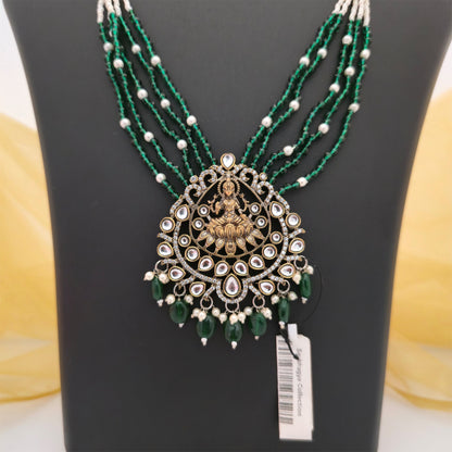 Moissanite Kundan Long Necklace Set with Matching Earrings | Green and White Pearl Designer Necklace for Women